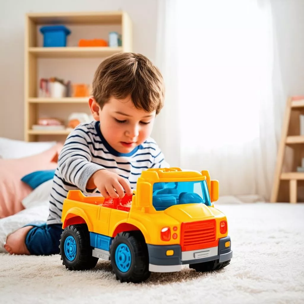 Bé trai đang chơi xe ô tô tải