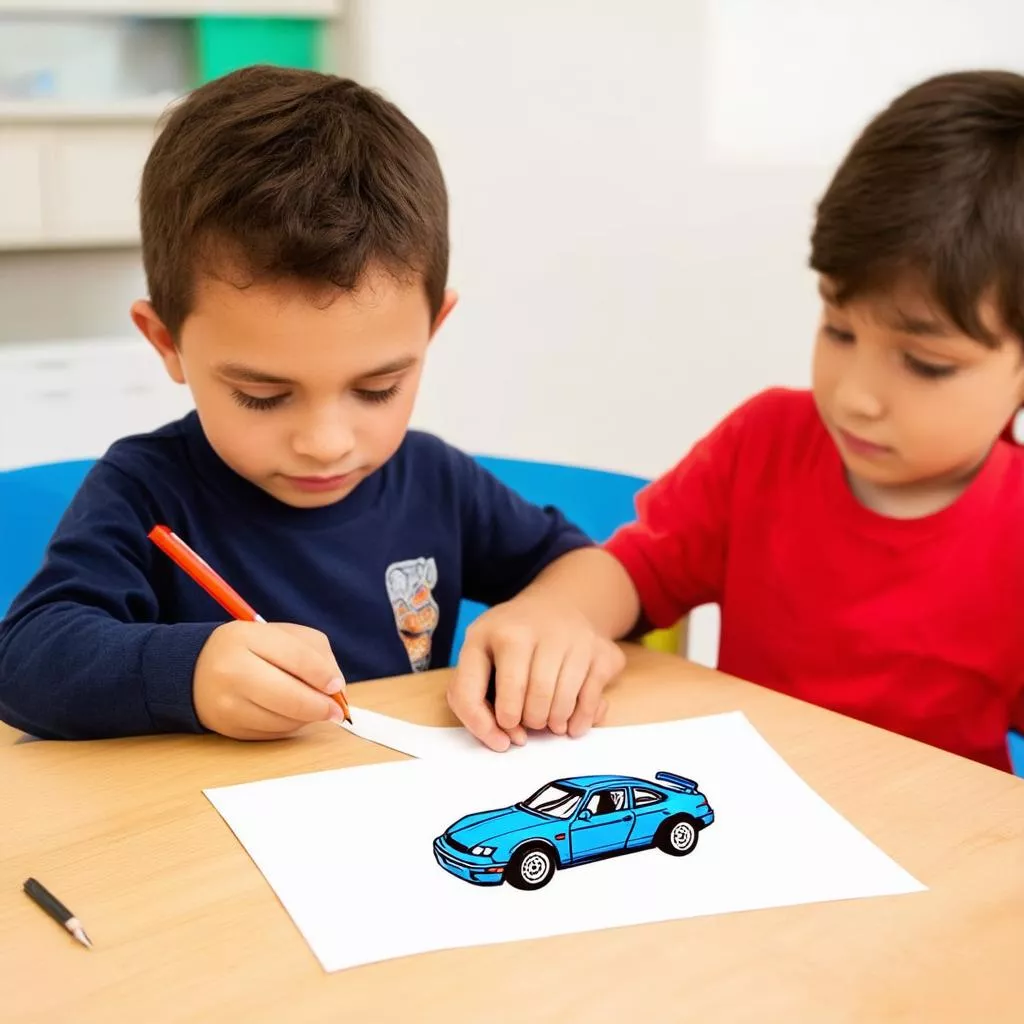 Bambino che colora un'auto