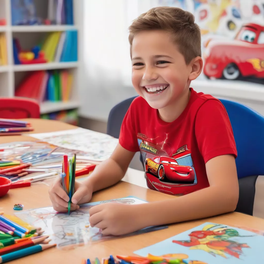 Boy coloring a Lightning McQueen picture