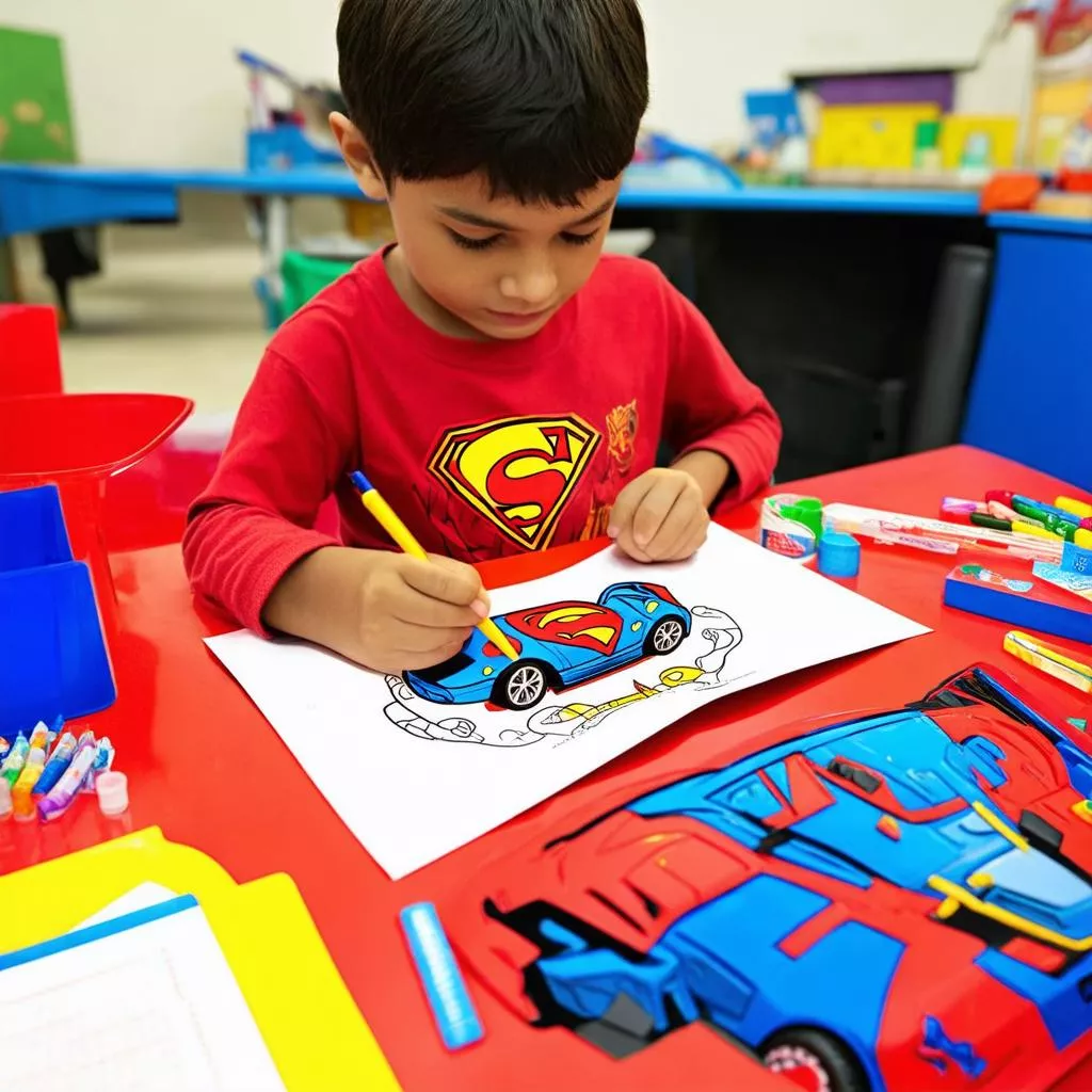 Un garçon coloriant un super camion