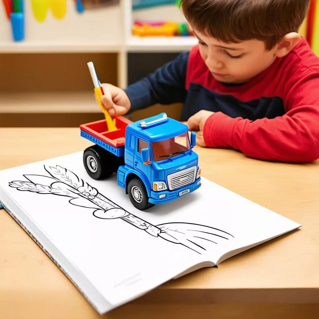 Anak laki-laki sedang mewarnai buku mewarnai truk