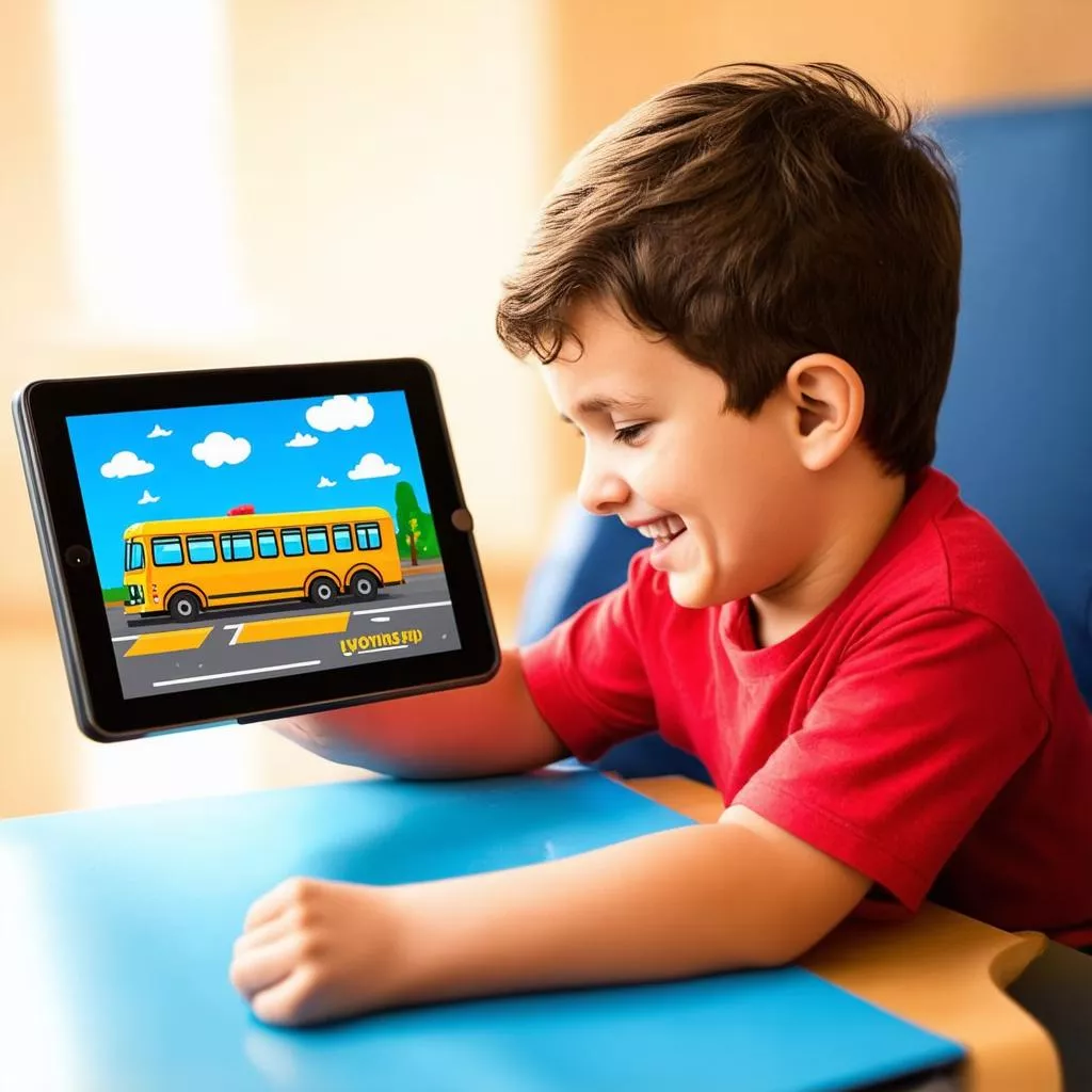 Bé trai đang xem hoạt hình ô tô xe buýt