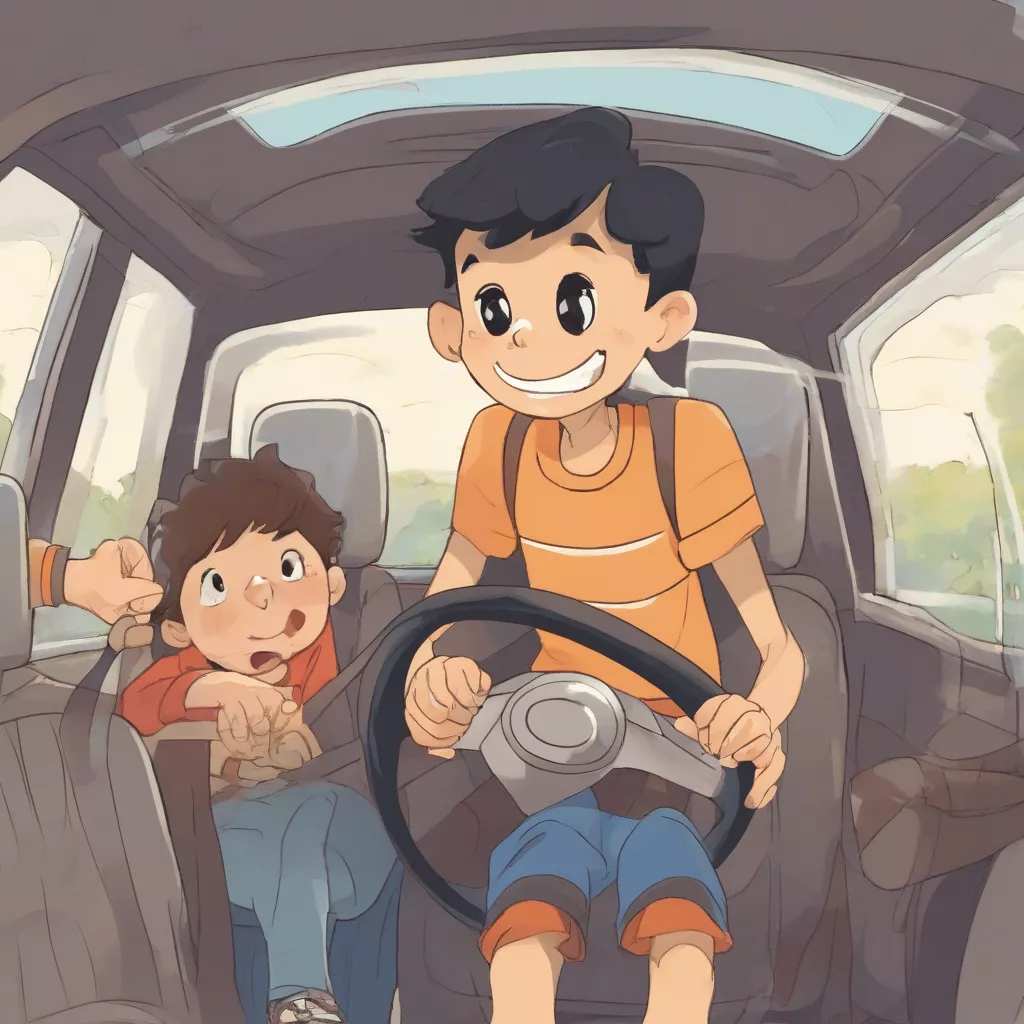 A boy sitting behind the wheel with his parents