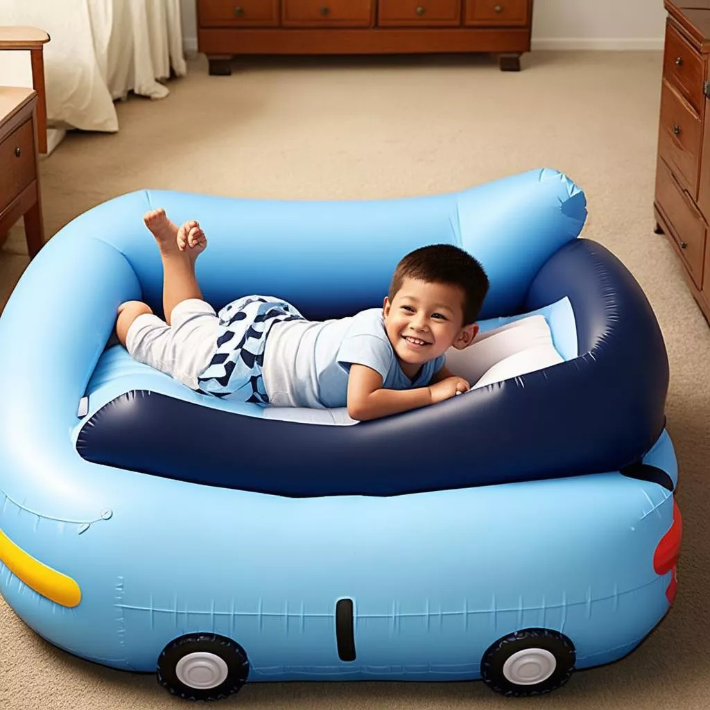 Anak laki-laki tidur di kasur angin berbentuk mobil