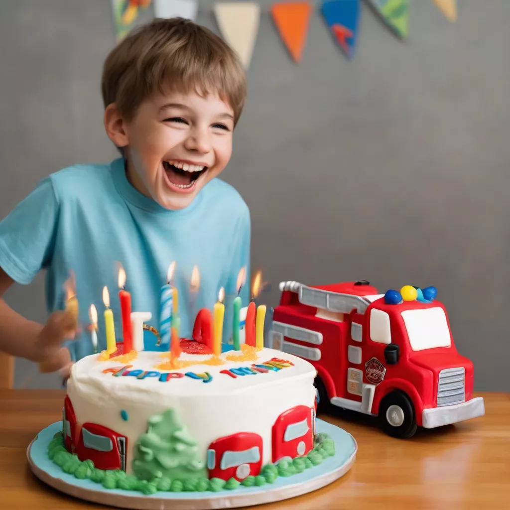 Bé trai phấn khích với chiếc bánh sinh nhật hình ô tô cứu hỏa