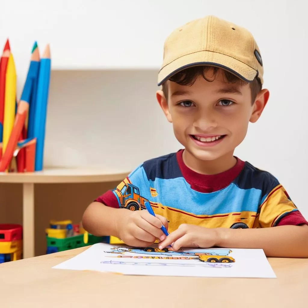 Boy coloring a truck
