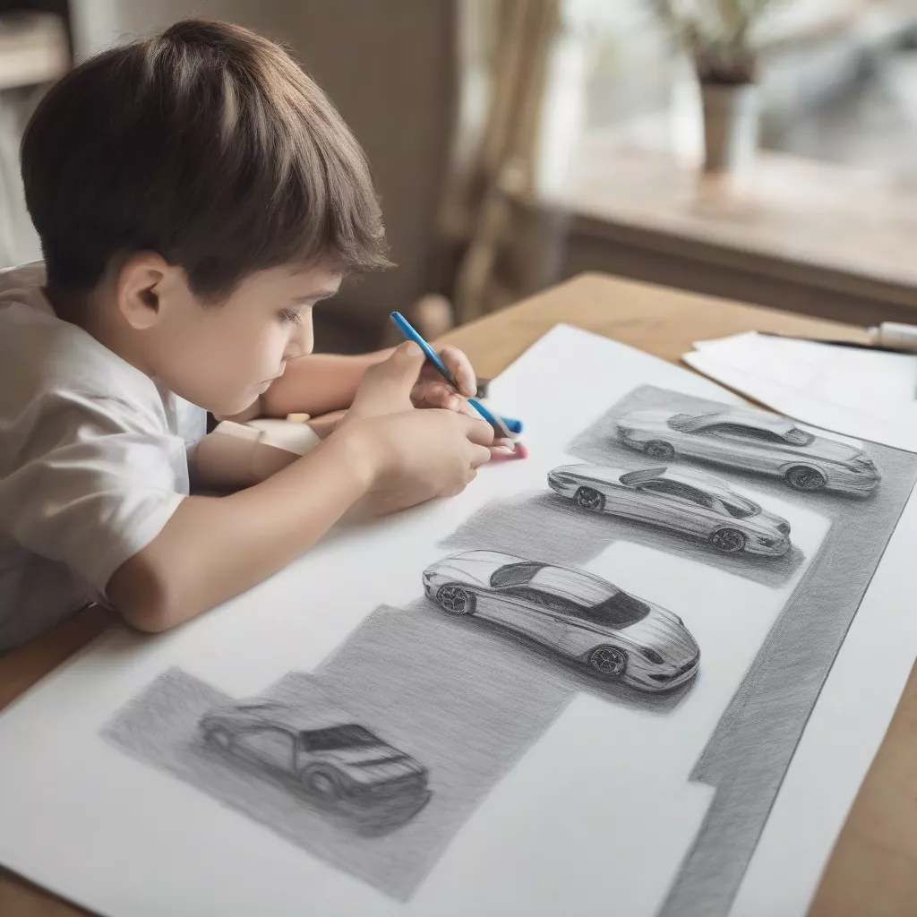 Bé trai đang vẽ xe ô tô