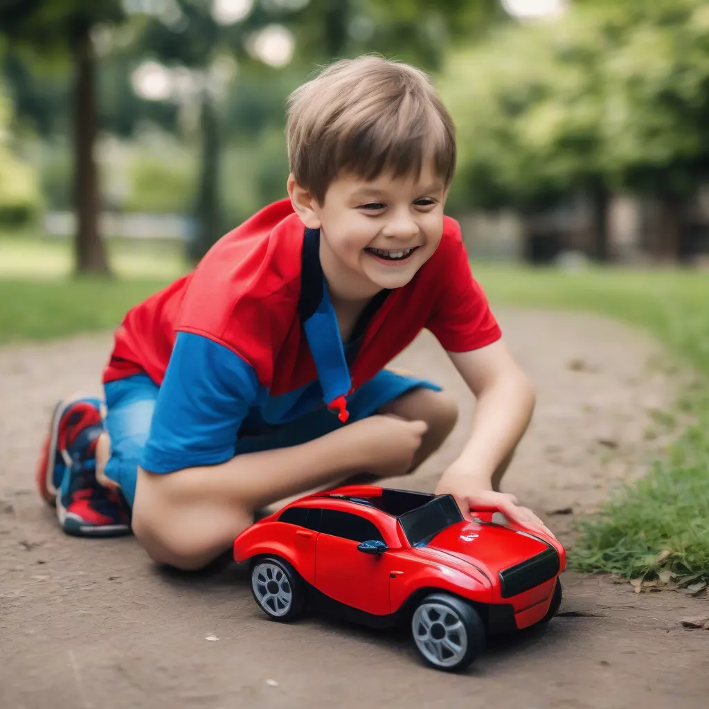 Bé trai vui chơi với ô tô điện