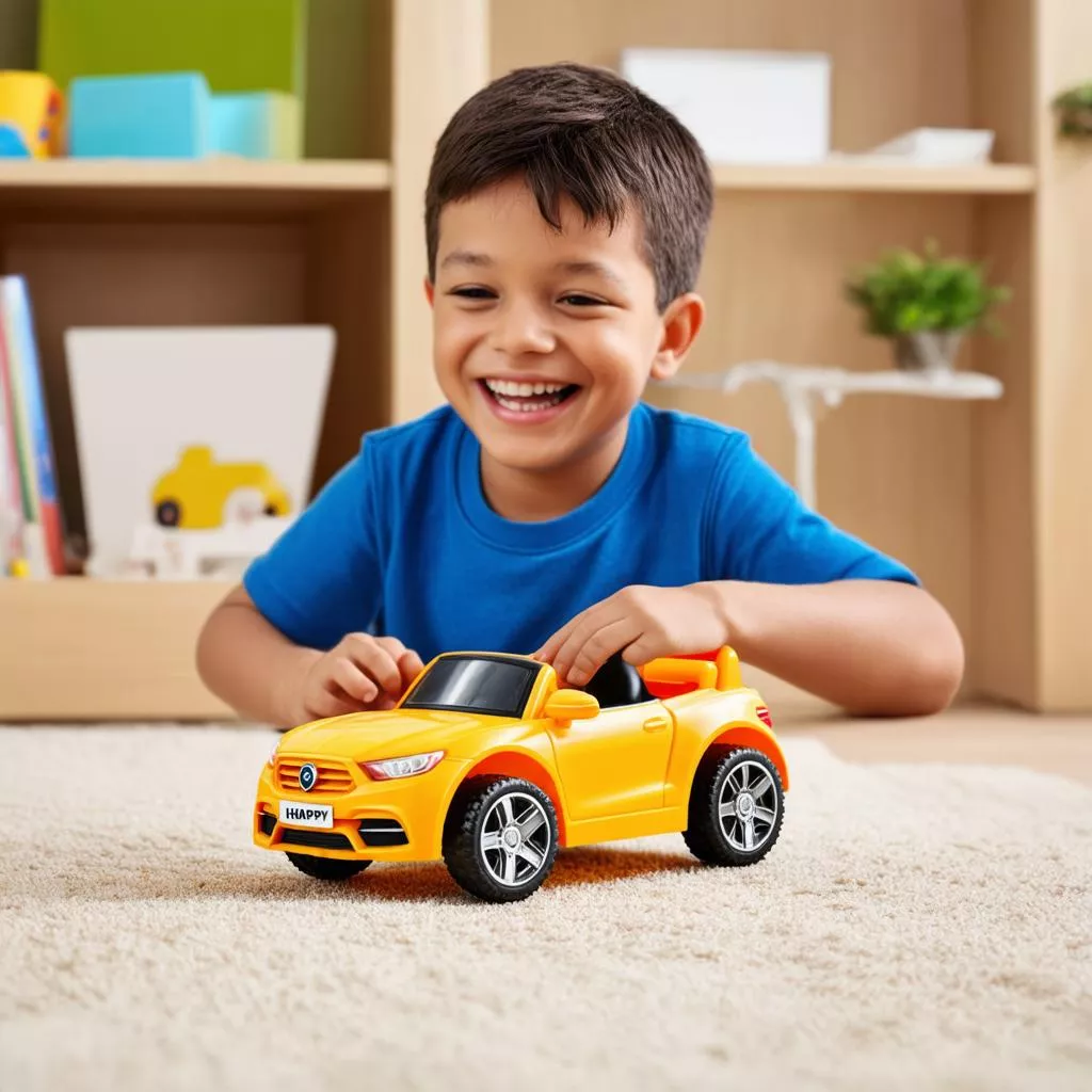 Bé trai vui chơi với xe ô tô chòi chân