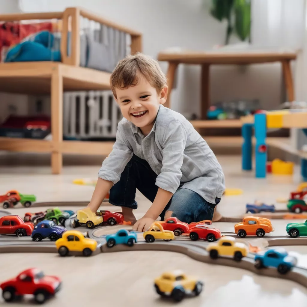 Bé trai vui chơi với xe ô tô đồ chơi