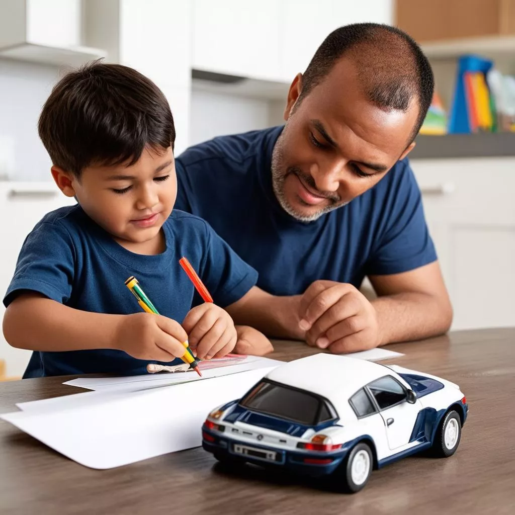 Father and son drawing a car together