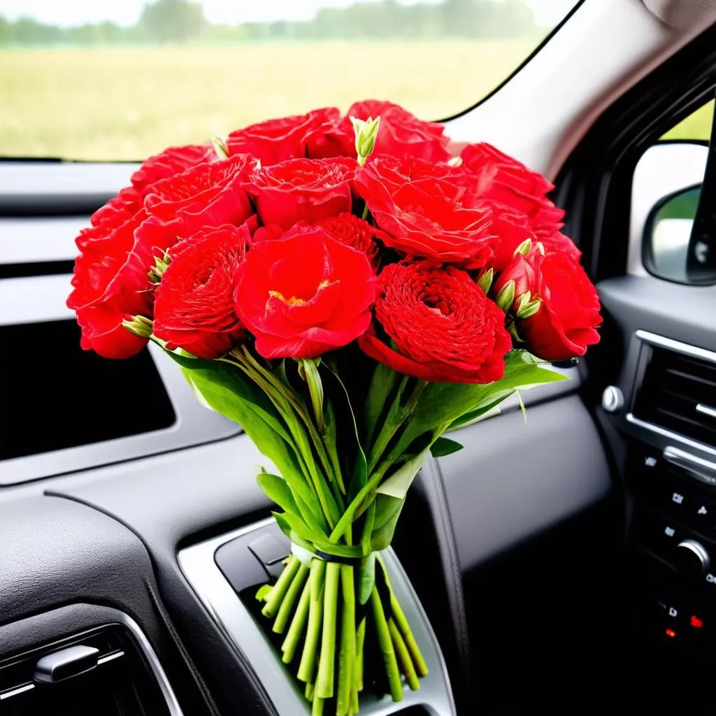 Red Flower Bouquet in a Car