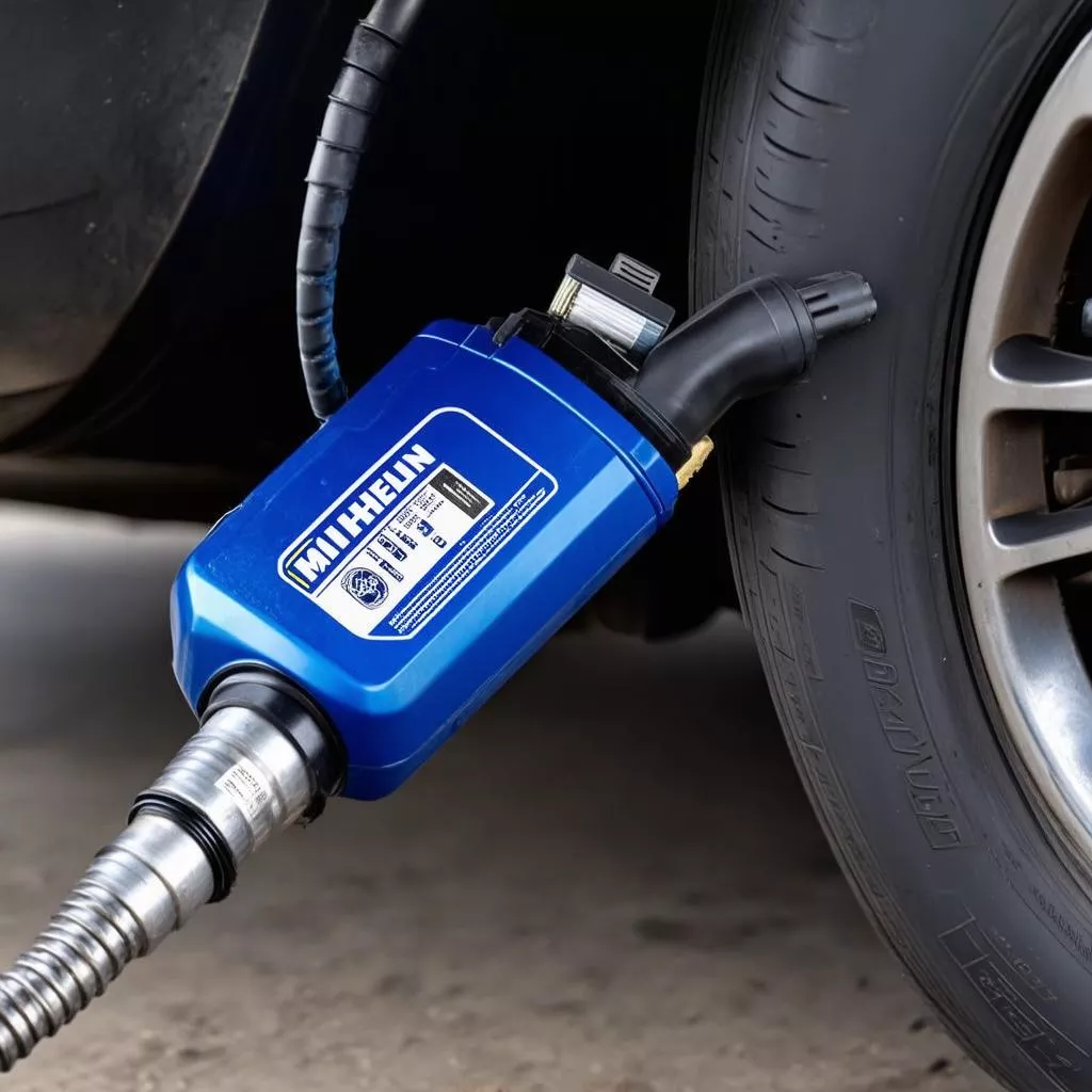 Michelin tire inflator connected to a tire