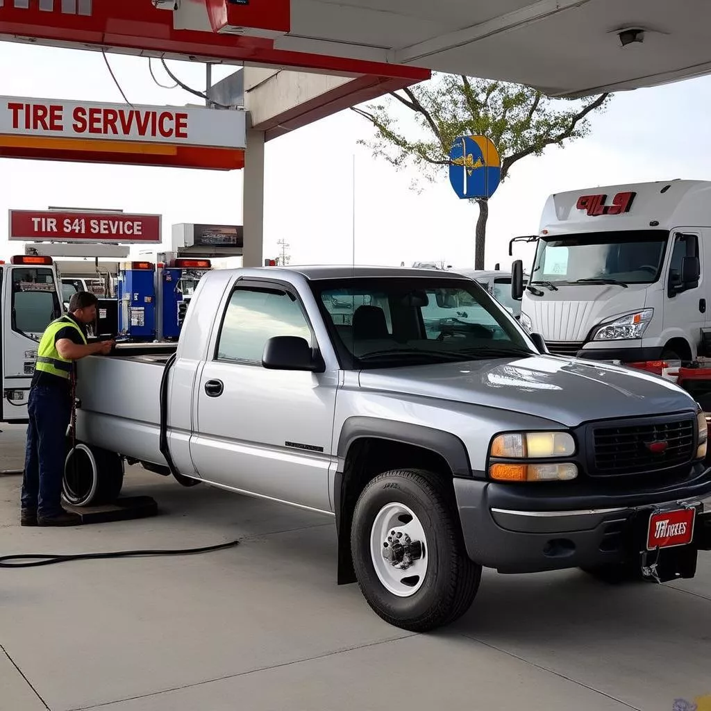 Reifenbefüllung an einem LKW im Reifenservicezentrum
