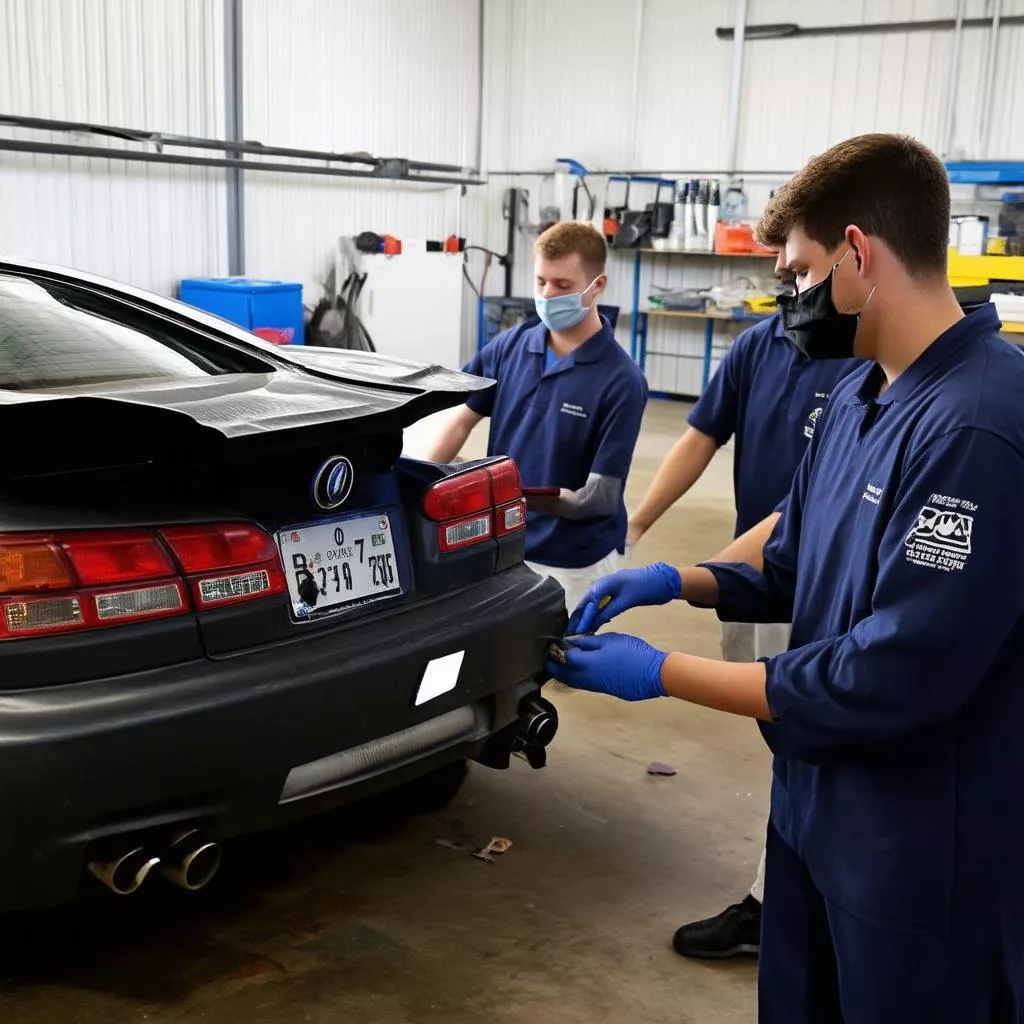 Students practicing car repair at Hanoi Truck Center