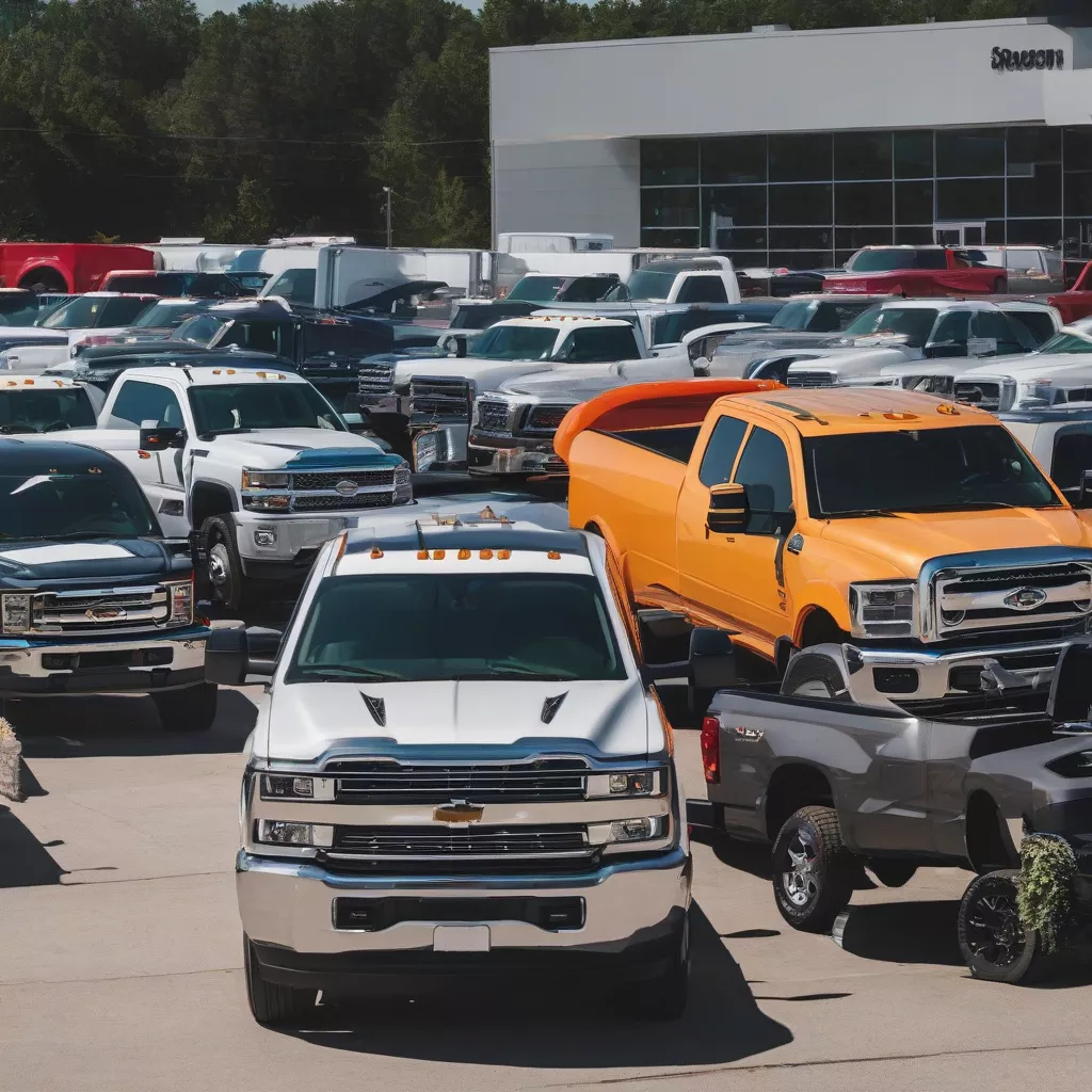 卡车经销商处展出的各种卡车