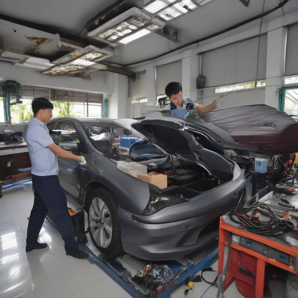 Técnicos instalando o interior de um carro em Da Nang