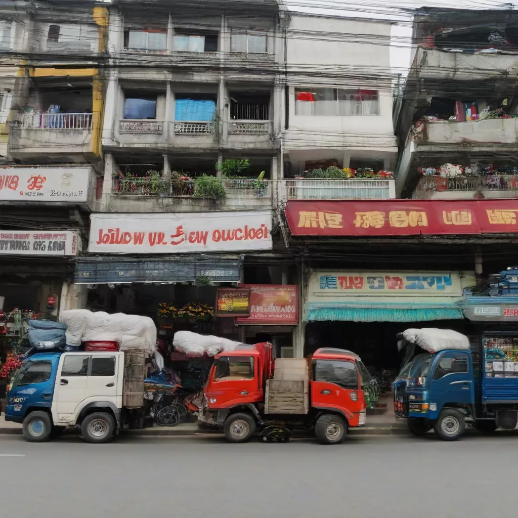 Trucks parked in front of a shop in Hanoi