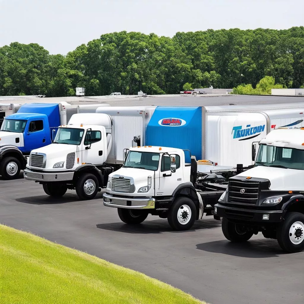 Différents types de camions exposés chez un concessionnaire