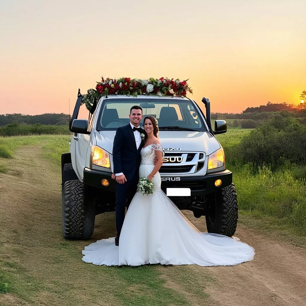 Couple taking wedding photos with an Isuzu truck