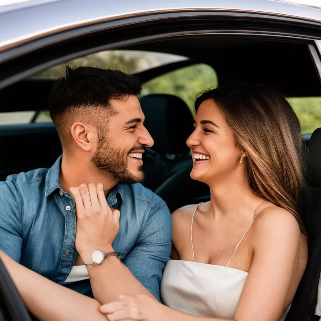Casal feliz dentro de um carro