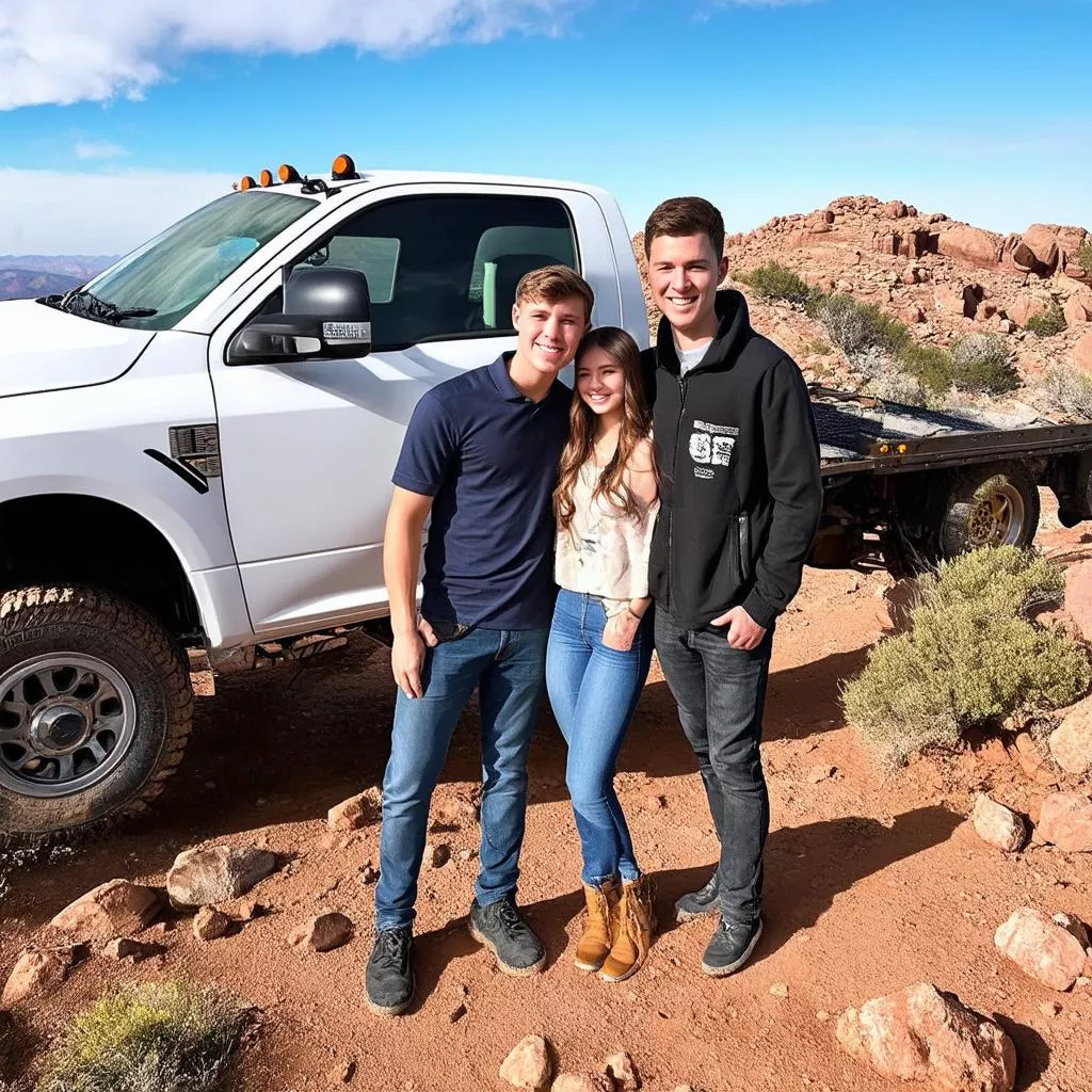 Cặp đôi trẻ chụp ảnh kỷ niệm bên xe tải trên núi