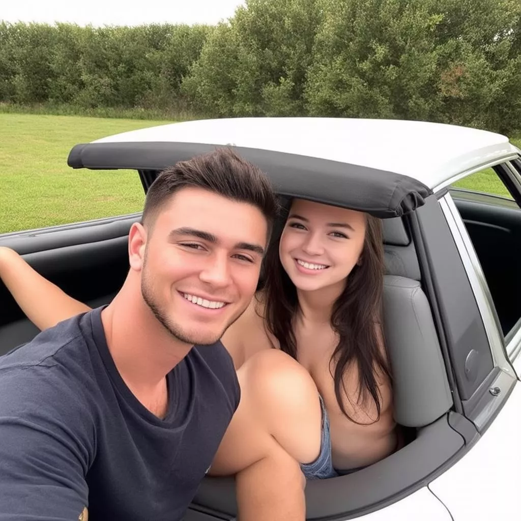 A young couple taking a photo with their car
