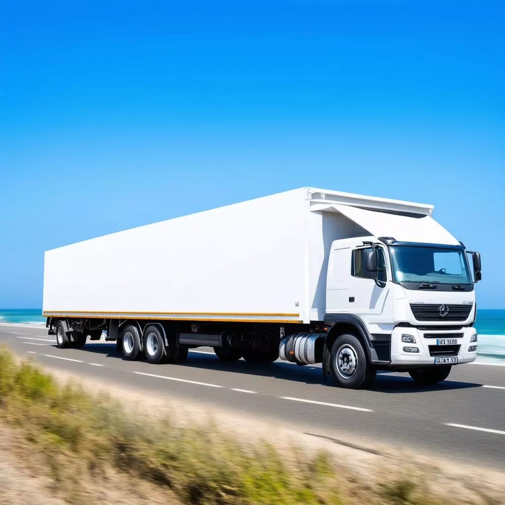Chiếc xe tải đậu trên con đường ven biển với bầu trời xanh trong