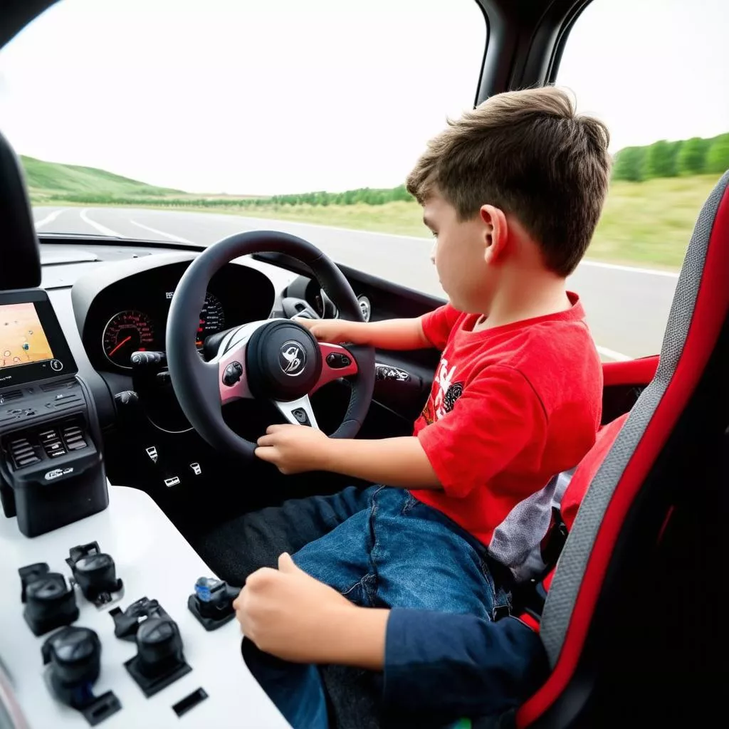 Cậu bé chơi game đua xe