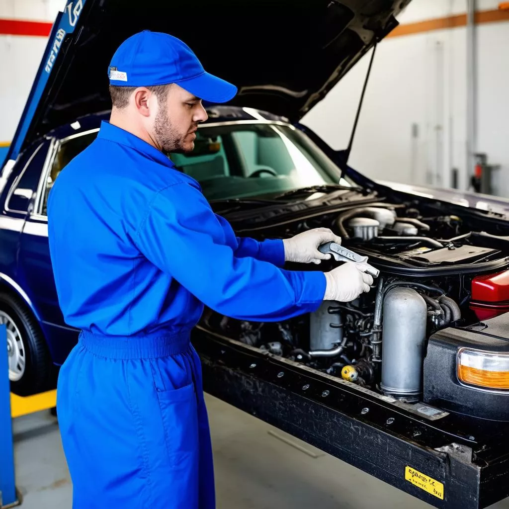 Chủ gara ô tô đang làm việc