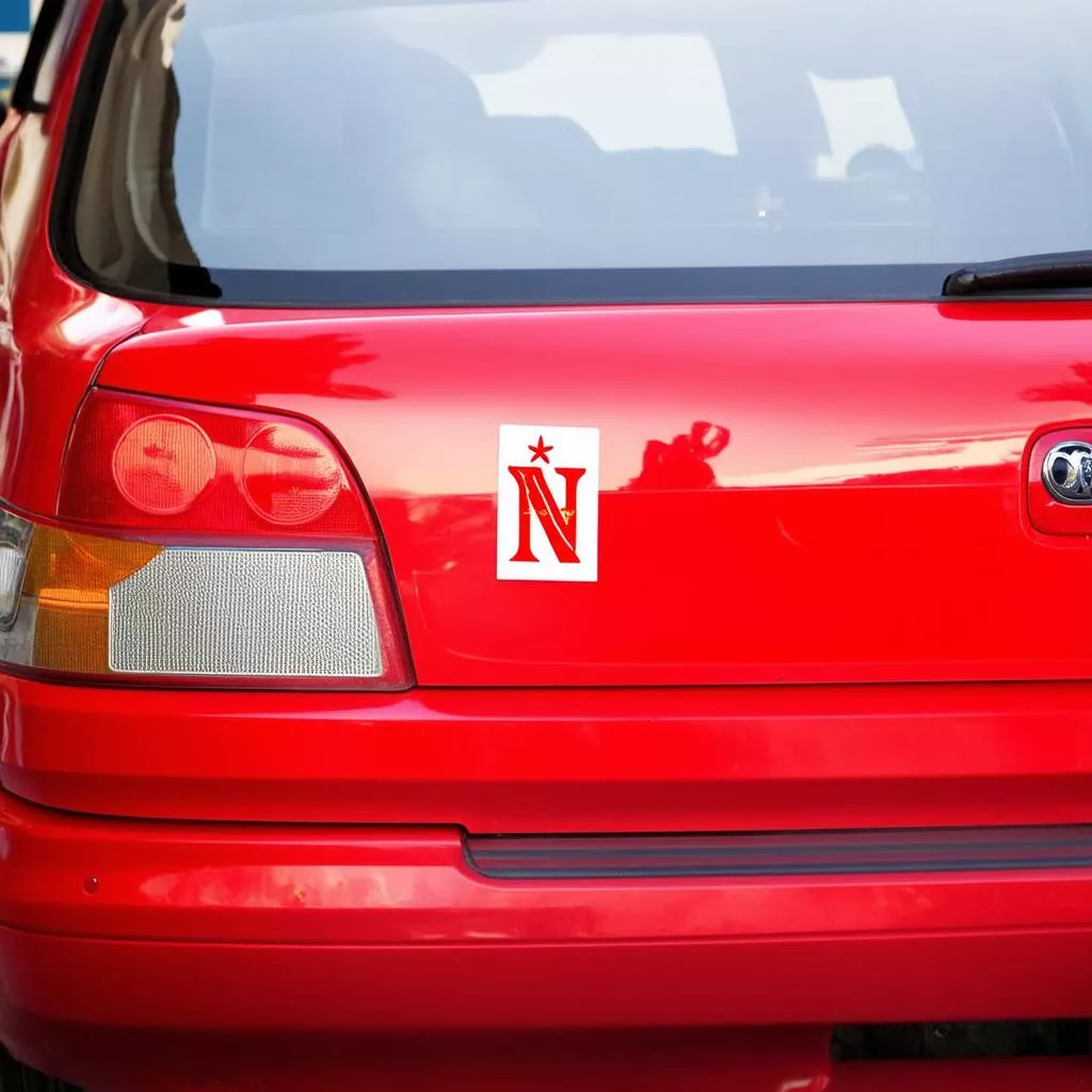 Red "N" sticker on a red car