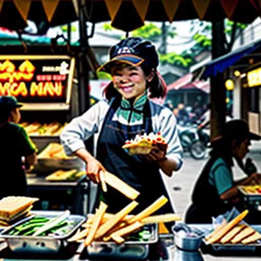 Chủ xe bánh mì lưu động đang cười nói chuyện với khách