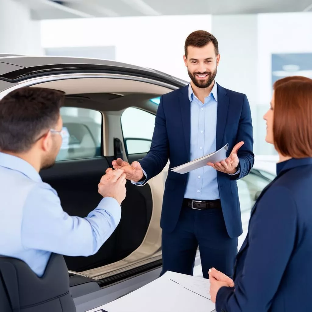 Chuyên viên tư vấn kỹ thuật ô tô đang giới thiệu xe cho khách hàng