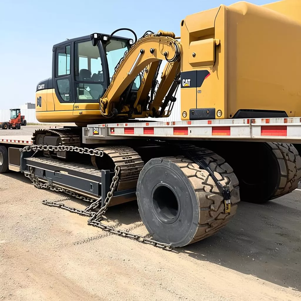Securing an excavator on a flatbed truck