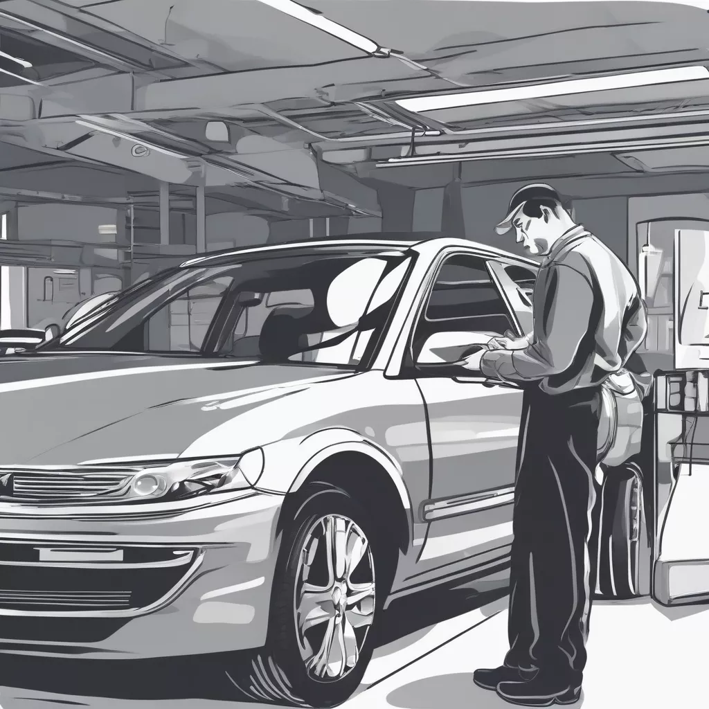 An automotive service advisor inspecting a vehicle with a customer