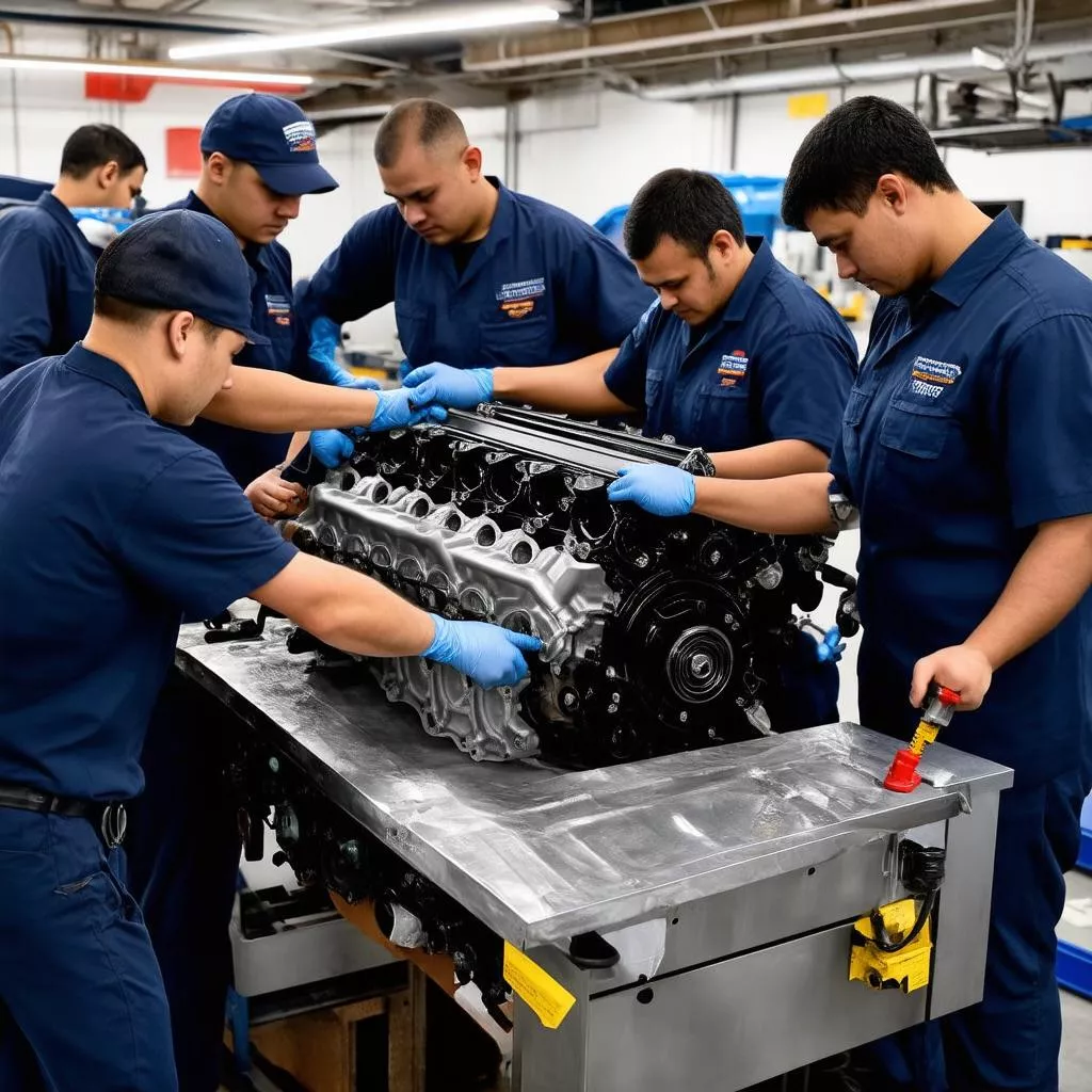 Workers assembling a truck engine