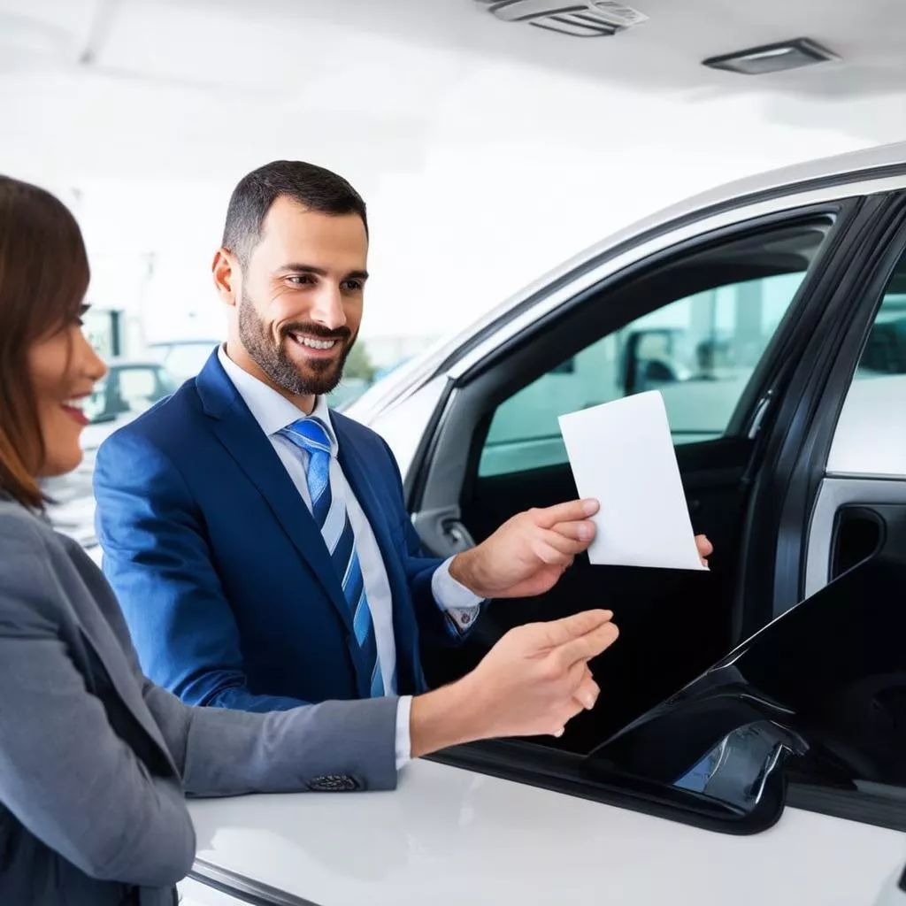 Cộng tác viên kinh doanh ô tô đang làm việc với khách hàng