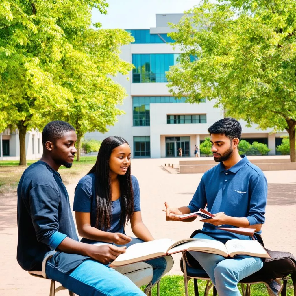 Sinh viên đang trao đổi bài vở trong khuôn viên trường đại học