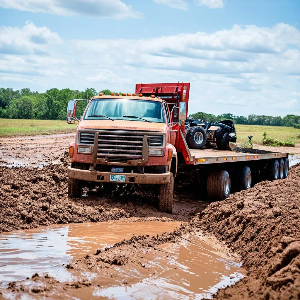 Tow truck recovering a truck from a ditch