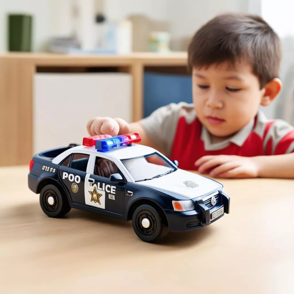 Cậu bé chơi đồ chơi ô tô cảnh sát