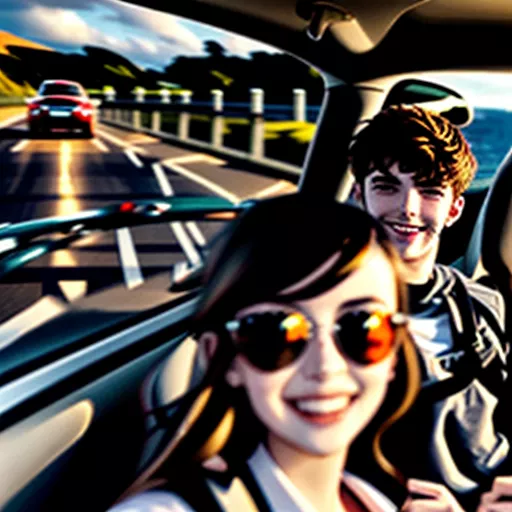 Cặp đôi trẻ đang lái xe ô tô 2 chỗ trên con đường ven biển