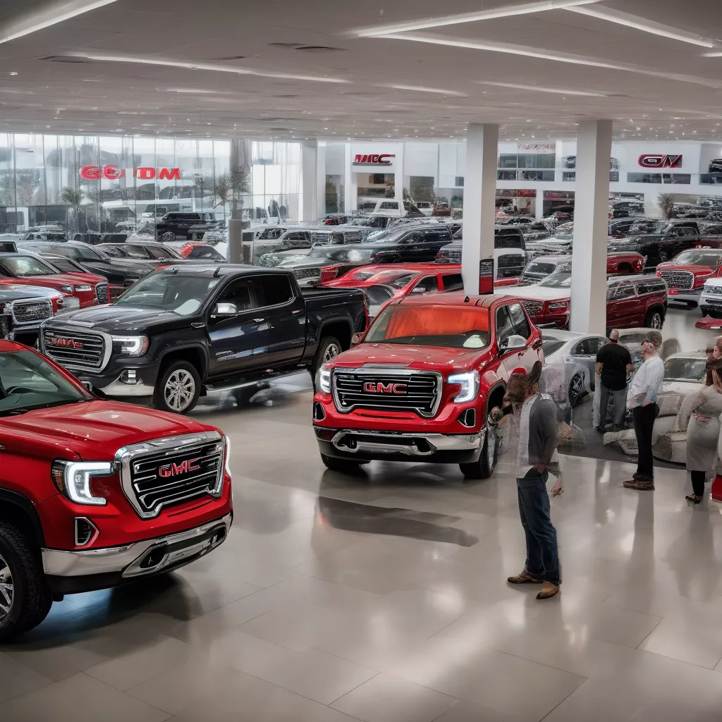 A crowded GM truck dealership with customers