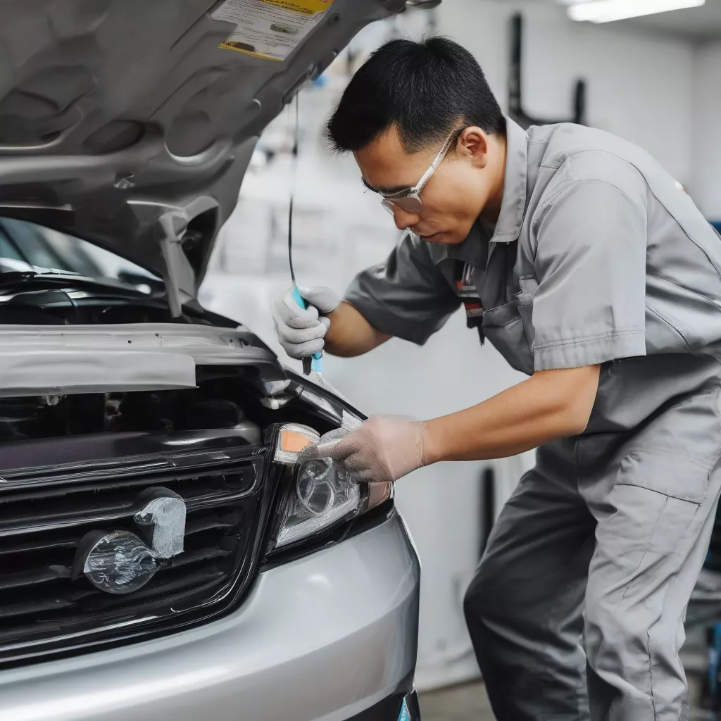 Applying truck decals in Hanoi
