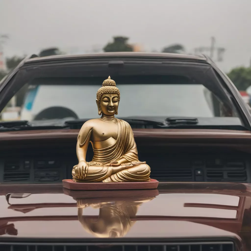 Hình ảnh tượng Phật được đặt trang nghiêm trên xe ô tô