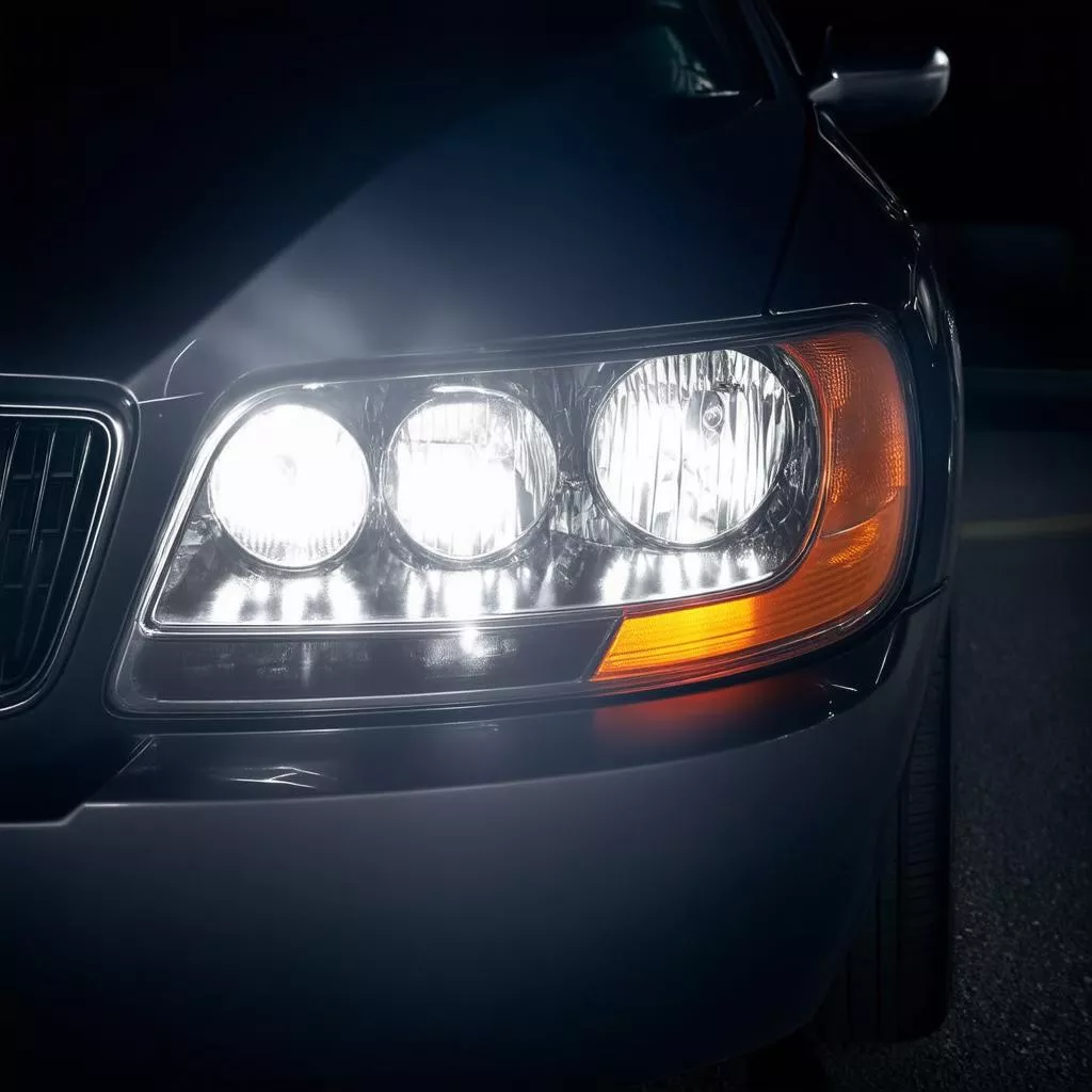 High beam and low beam headlights on a car