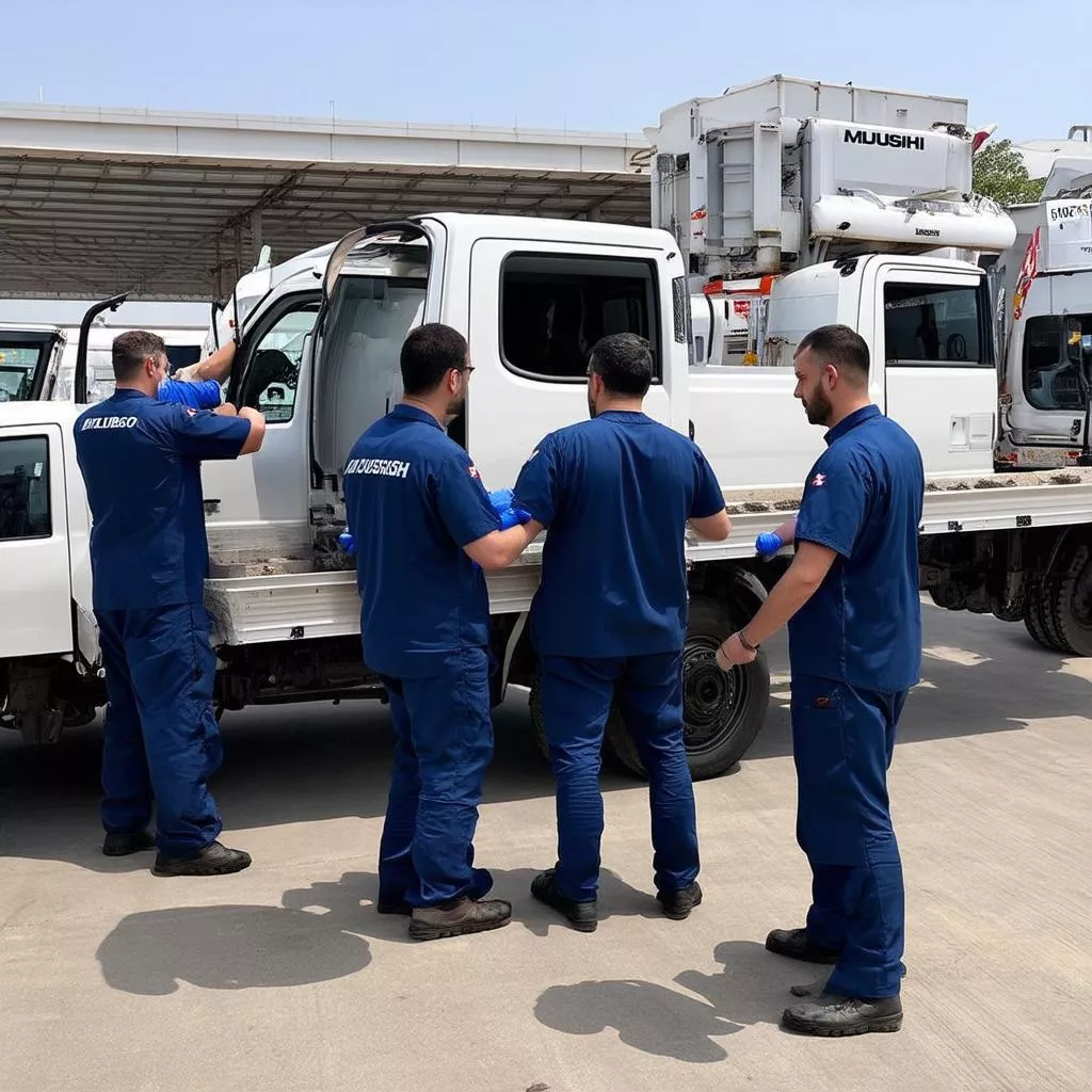 Đội ngũ kỹ thuật viên đang kiểm tra xe tải Mitsubishi