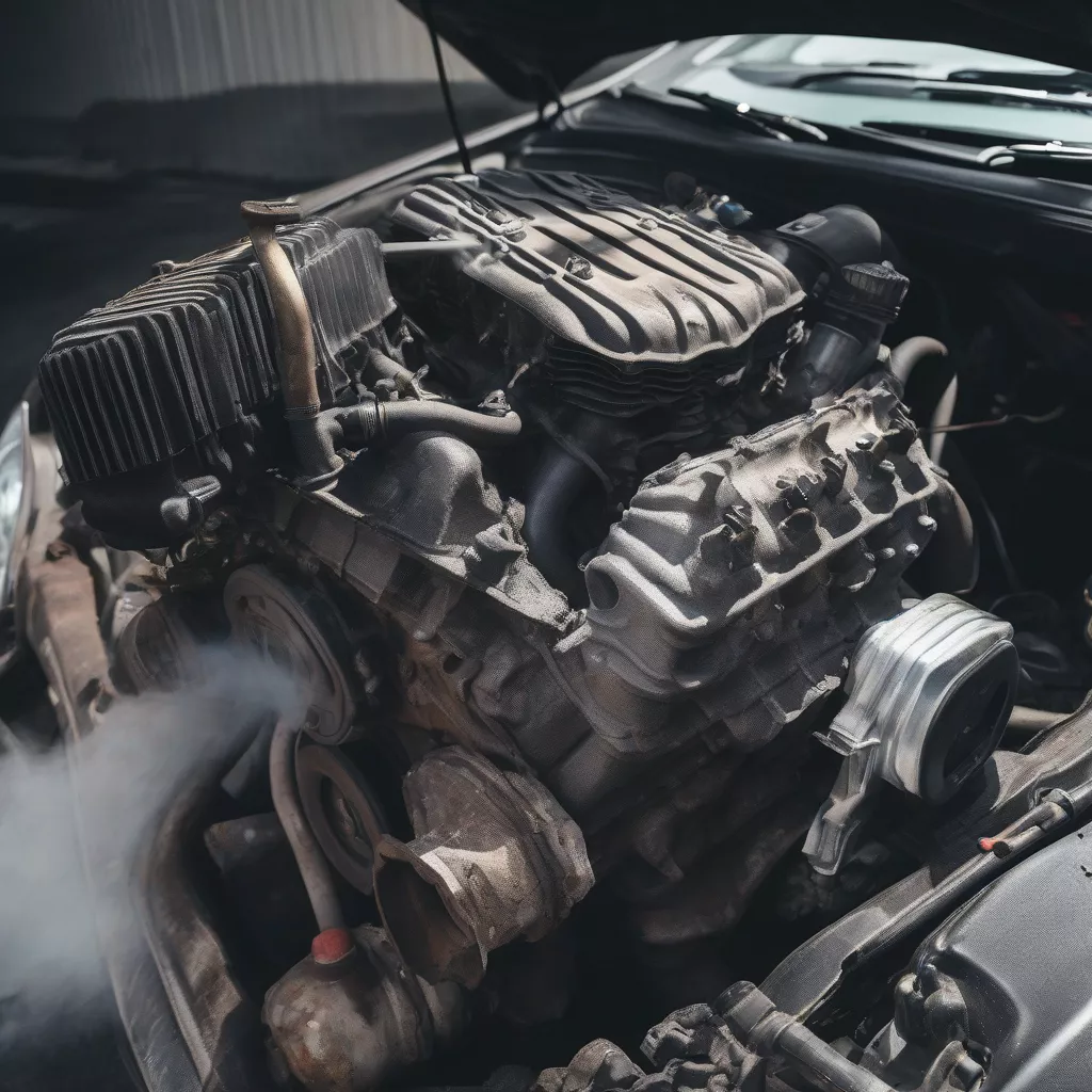 Damaged truck engine