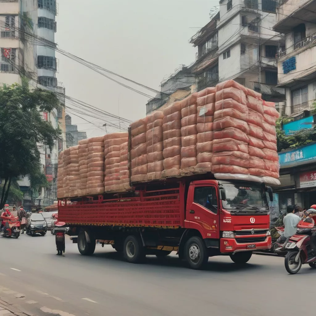 Xe tải Dongfeng 3 chân vận chuyển hàng hóa trên đường phố Hà Nội