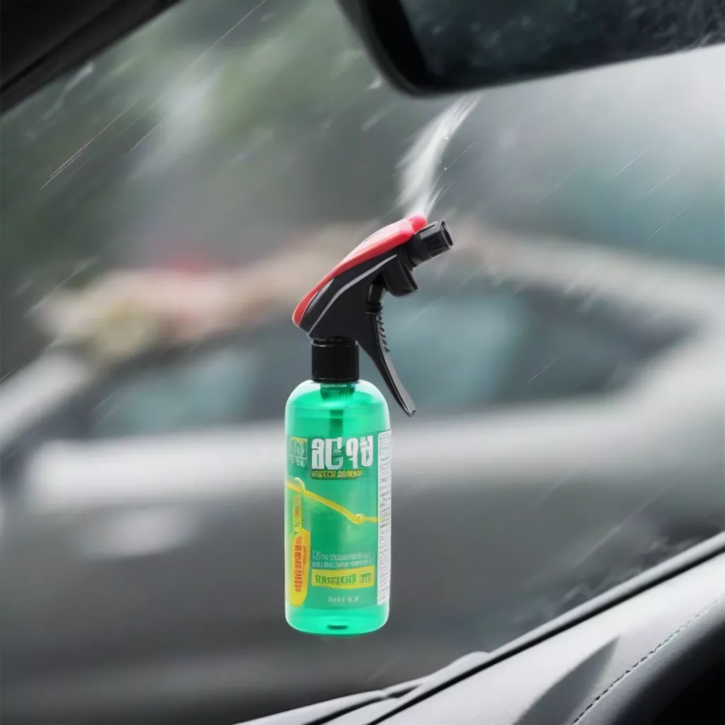A bottle of commercial defogging spray for car windshields.