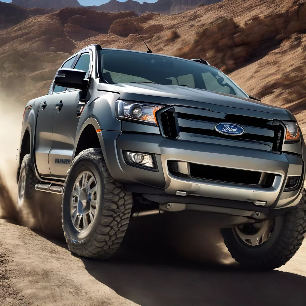 회색 포드 레인저 2014, 스포티하고 강력한 디자인, 오프로드 주행 중인 모습